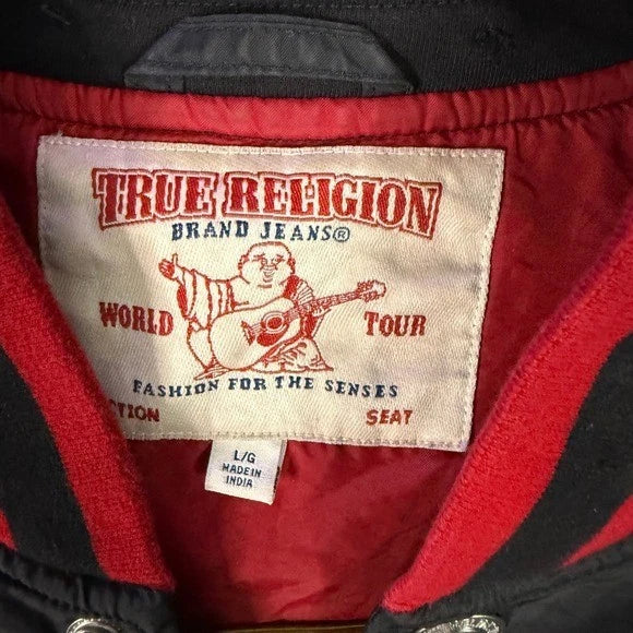 True Religion Varsity Jacket Mens Black Red Tiger Logo Bomber Snap Front Size XL